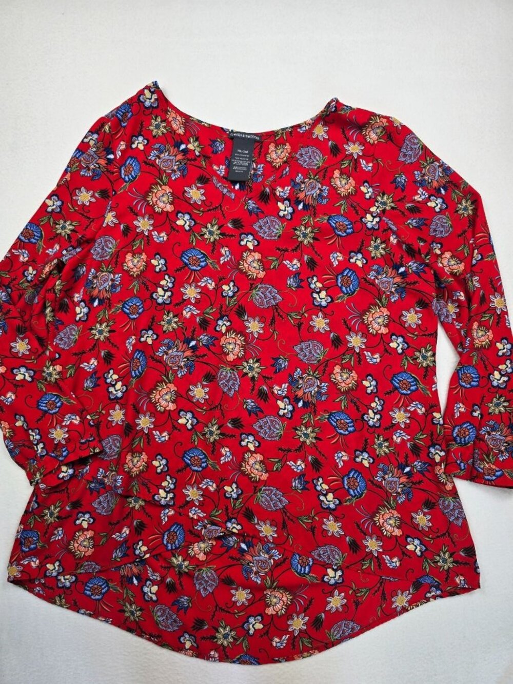 Chelsea & Theodore Womens XXL Red Floral Print Blouse 3/4 Sleeve V-Neck